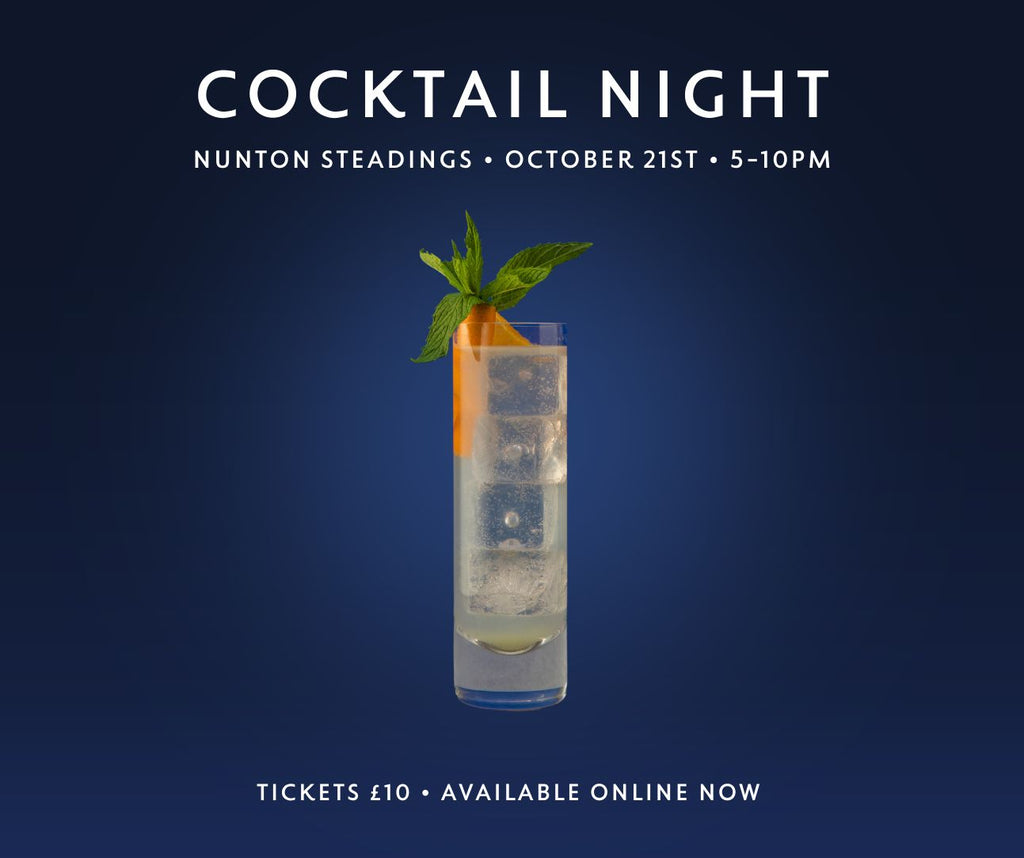 A long glass filled with large icecubes, clear liquid, an orange slice and a sprig of mint. A deep blue background and the words Cocktail night, Nunton Steadings, OCtober 21st, 5-9pm.