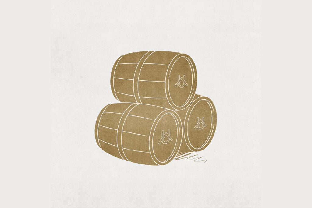 Illustration of three North Uist Distillery whisky casks, stacked up.