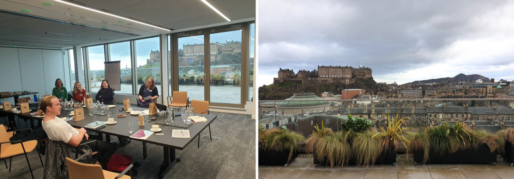 on the left, a boardroom with people sitting around a table, a big window in the background looks out over a city view. On the right, the city view looking over Edinburgh with Edinburgh Castle rising up in the near distance in front of a grey, cloudy sky