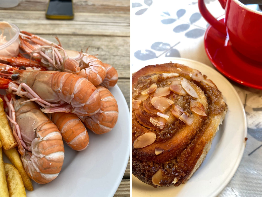 Kallin shellfish langoustine and chips, Scandi Bakery cinnamon bun and coffee. Grimsay, North Uist 