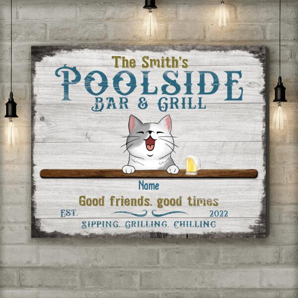 Personalized Dog & Cat Landscape Canvas, Gifts For Pet Lovers, Poolside Bar & Grill Sipping Grilling Chilling
