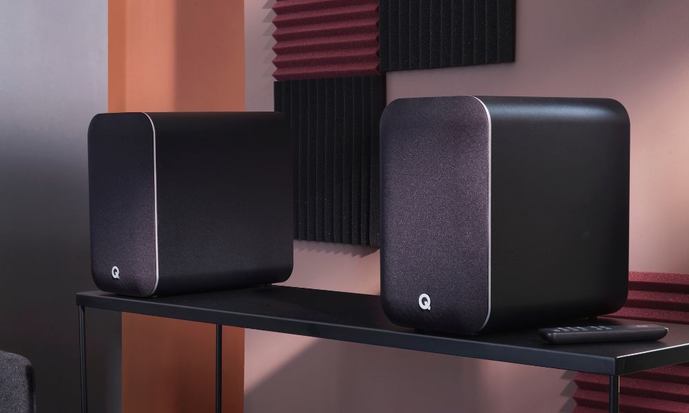 Q Acoustics M20 Active Bookshelf Speakers On Sideboard