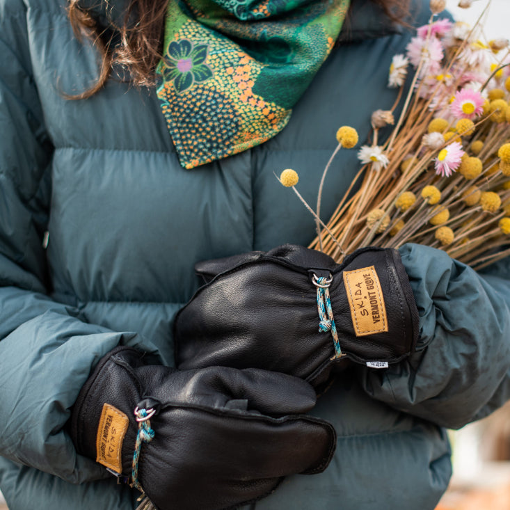 Vermont Leather Mittens with Wide Black Fox Fur Cuffs