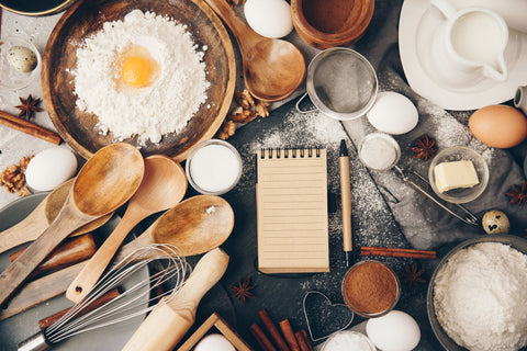 Top view of kitchen utensils and baking tools