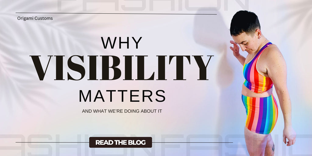A banner wallpaper image of a person wearing a rainbow binder and shorts with text that says, "Why visibility matters."