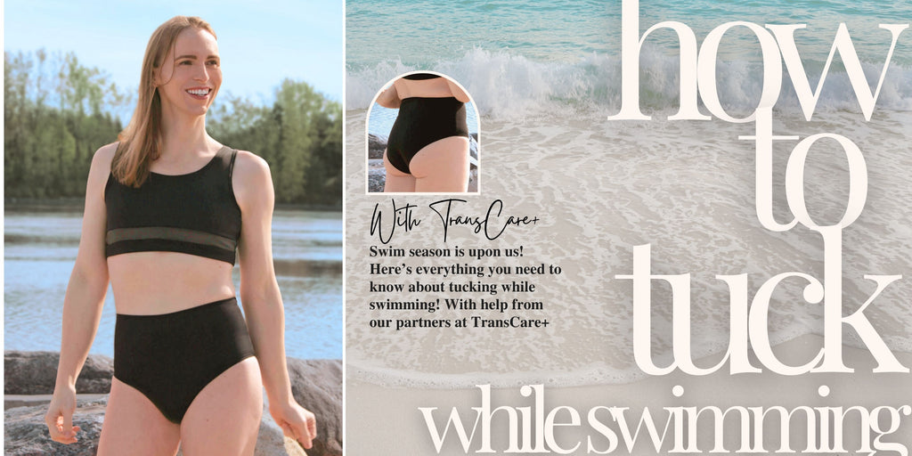 Banner image of trans woman wearing compression swimwear with a tagline that reads, "How to Tuck While Swimming."