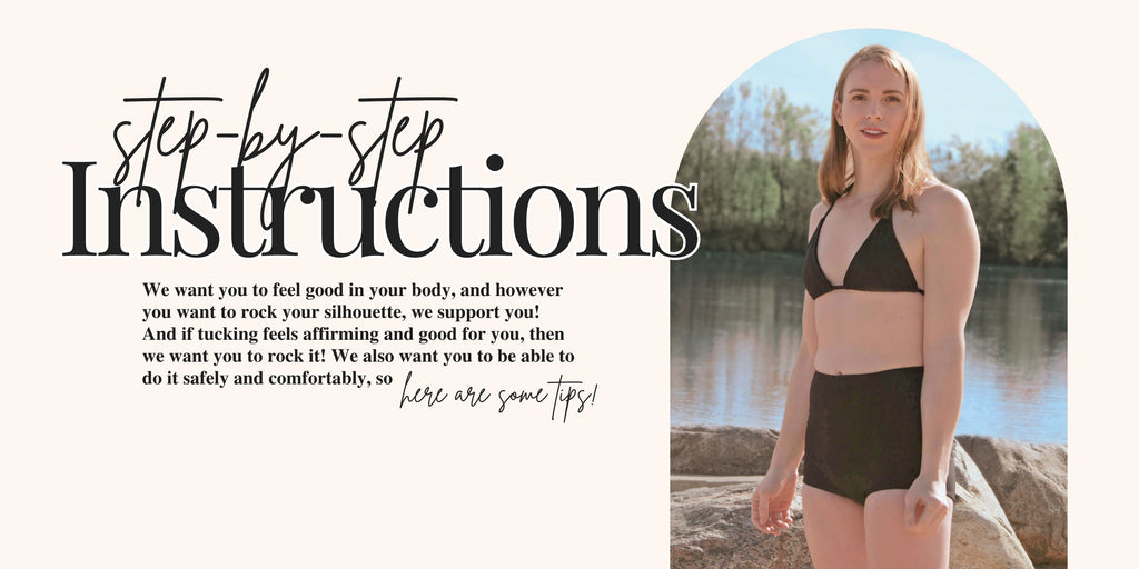 A banner with a trans woman in compression swimwear, with text that says, "Step-by-step instructions on how to tuck."