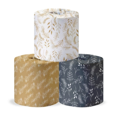 Three individually wrapped christmas toilet paper rolls stacked