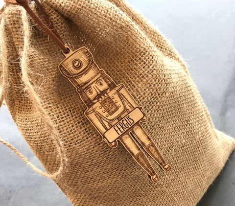 Jute gift bag with wooden personalised nutcracker gift tag