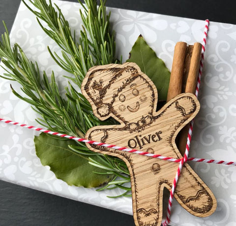 Gift wrapped with personalised wooden gingerbread man tag