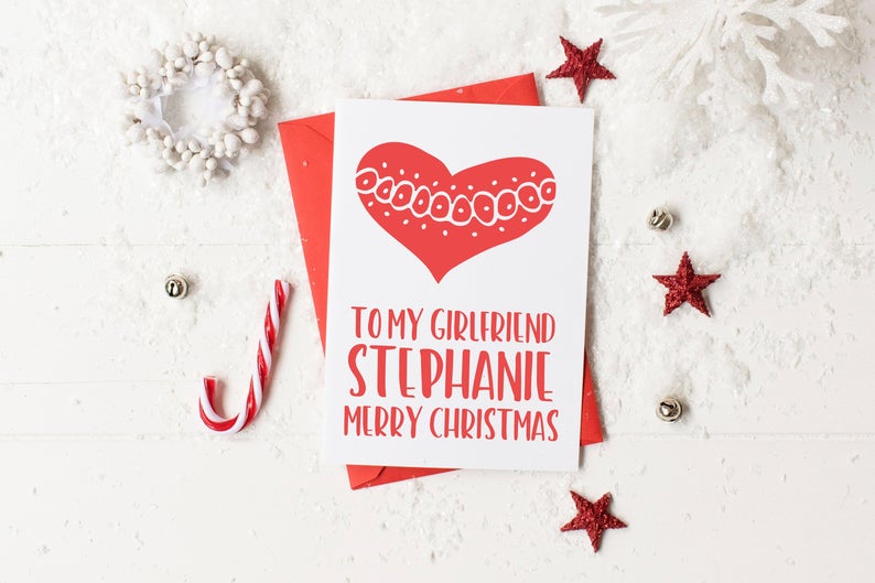 
            
                Load image into Gallery viewer, Custom To My Girlfriend Merry Christmas Card, Personalized Christmas Holiday Card for My Girl Friend, Christmas Gift, Cute Red &amp;amp; White Heart
            
        
