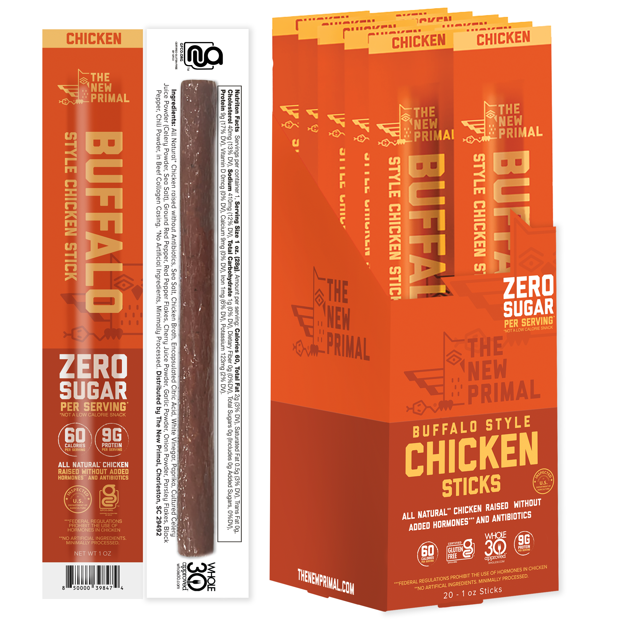 Buffalo Style Chicken Meat Sticks, All-Natural Chicken, Zero Sugar (20 Sticks)