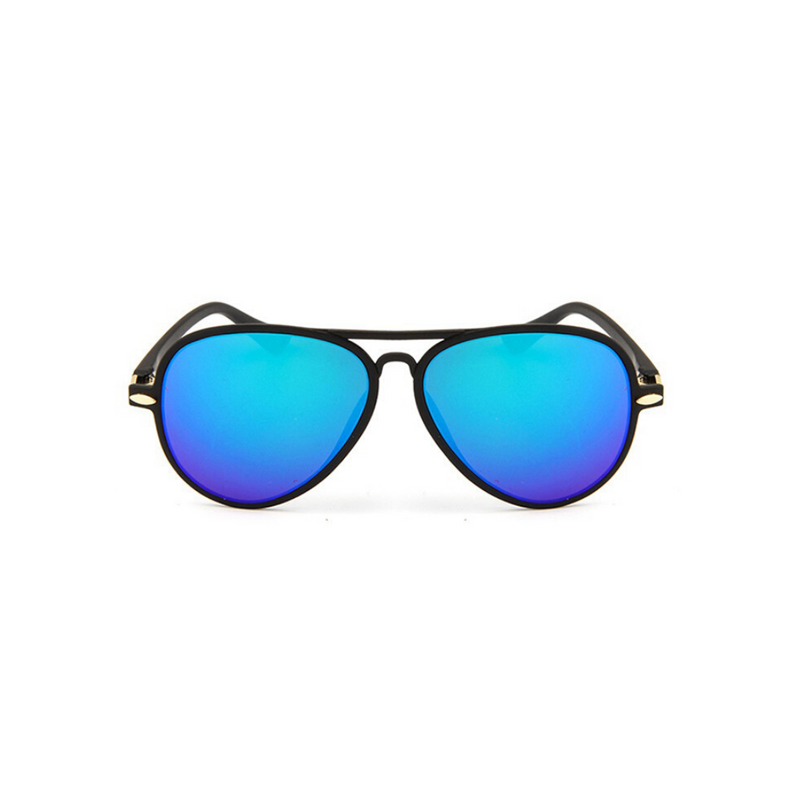 Front view of black and blue, children's aviator sunglasses, with mirror lenses.