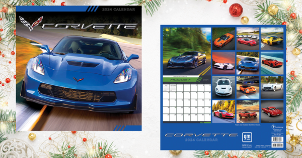 Front and rear views of a 2024 12 Month Calendar with C1-C8 Corvettes represented for each month.