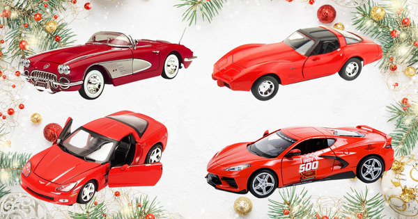 4 Red Corvette Diecast Models with a Christmas Background