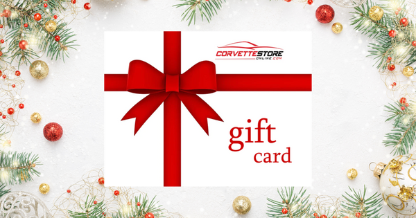 A CorvetteStoreOnline.com gift card that looks like a packaged gift.
