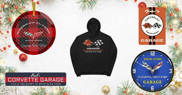 Corvette signs, shirts, clocks, signs, and ornaments that can all have your own personalization.