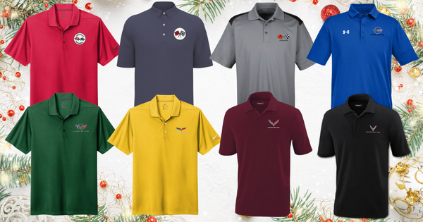 Corvette Polo Shirts Spanning Generations C1-C8 in different colors.