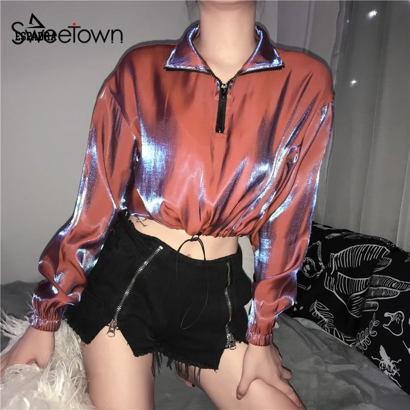 Sweetown Korean Streetwear Cropped Sweatshirt Women Glitter Zipper Turtleneck Long Sleeve Hip Hop