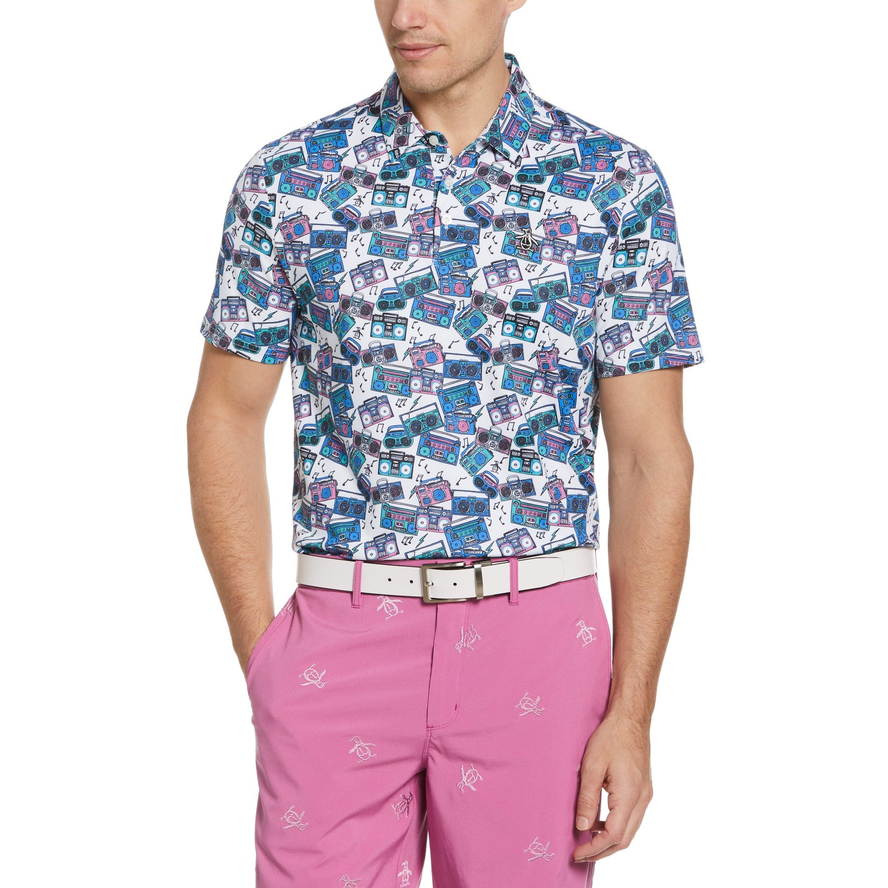 View Heritage Boombox Print Golf Polo Shirt In Bright White information