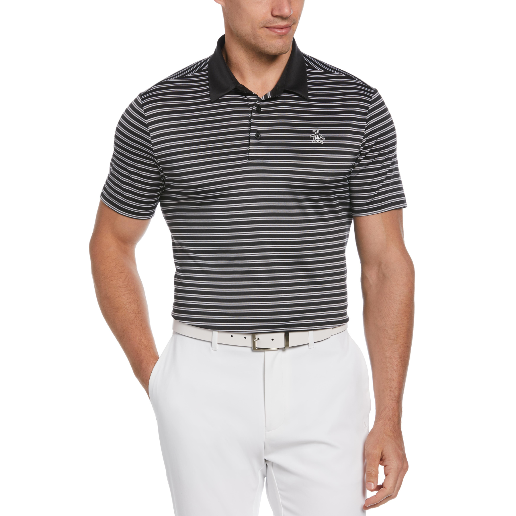 View Heritage Stripe Solid Collar Short Sleeve Polo Shirt In Caviar information