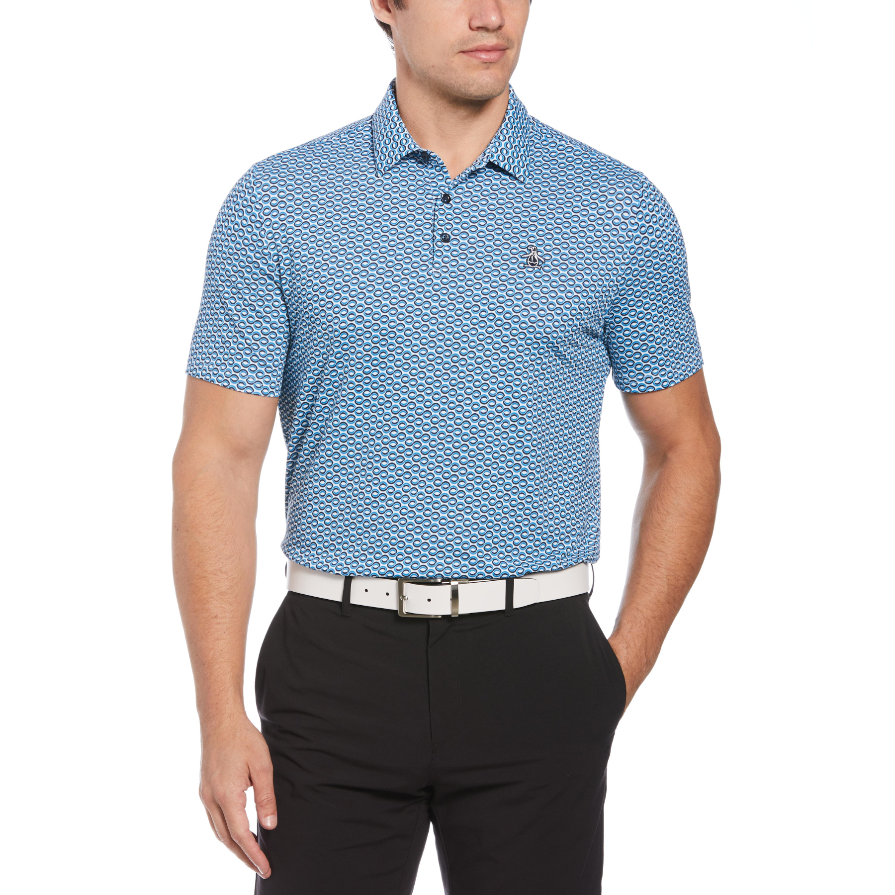 View Geometric Print Heritage Golf Polo Shirt In Mediterranean Blue information