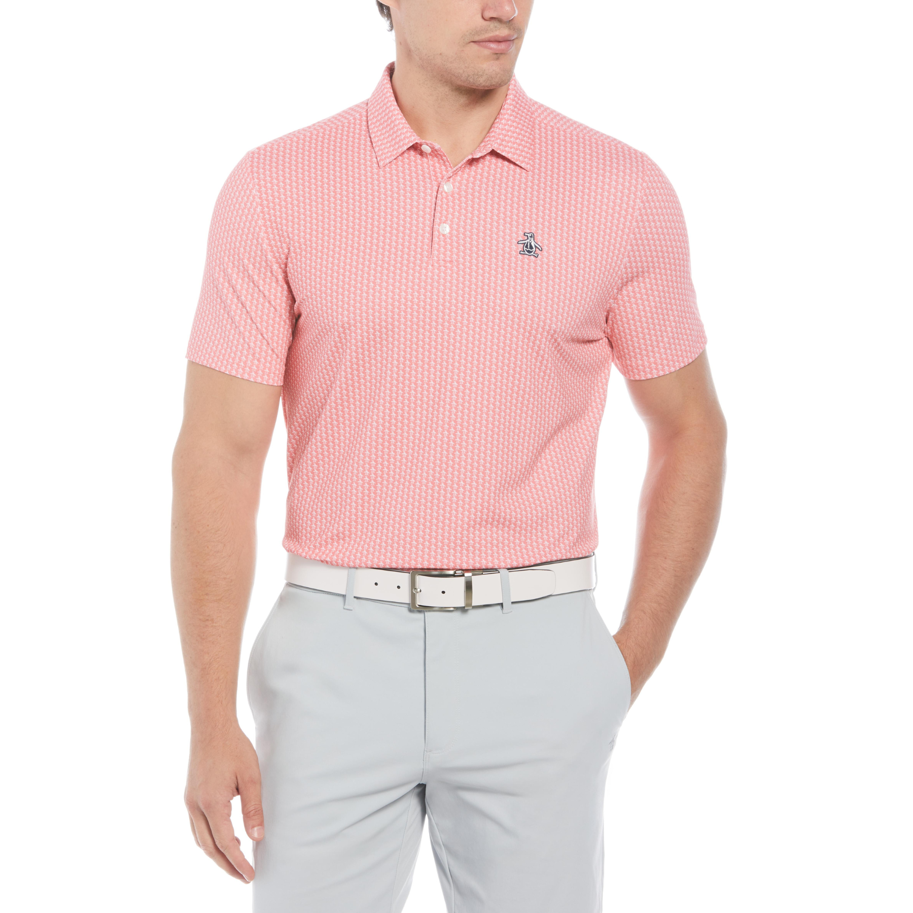 View Original Penguin AllOver Pete Print Golf Polo Shirt In Strawberry Pink Pink Mens information