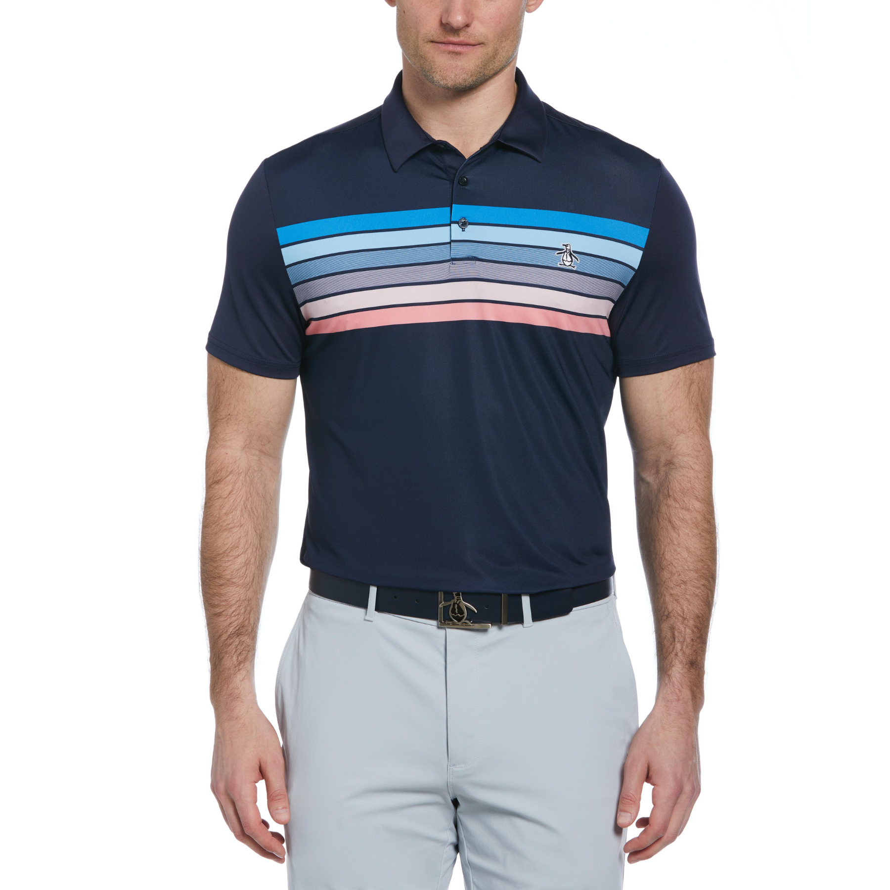 View Engineered 70s Stripe Color Block Golf Polo Shirt In Black Iris information
