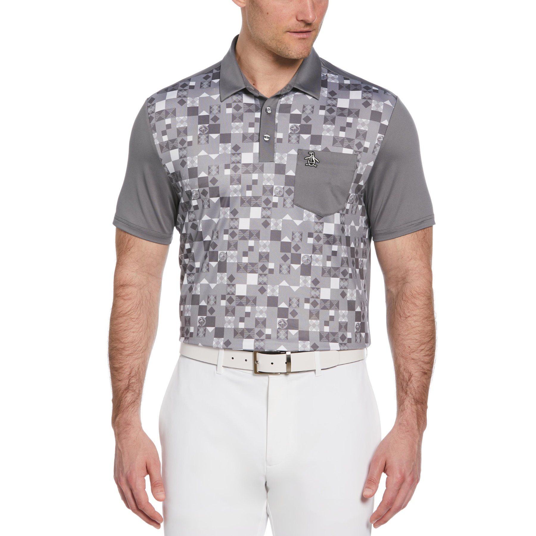 View 50s Color Block Print Golf Polo Shirt In Quiet Shade information