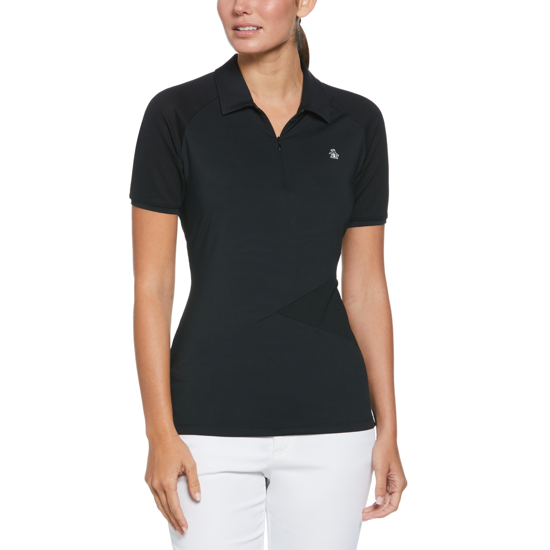 View Womens Zip Front Asymetrical Mesh Golf Polo Shirt In Caviar information