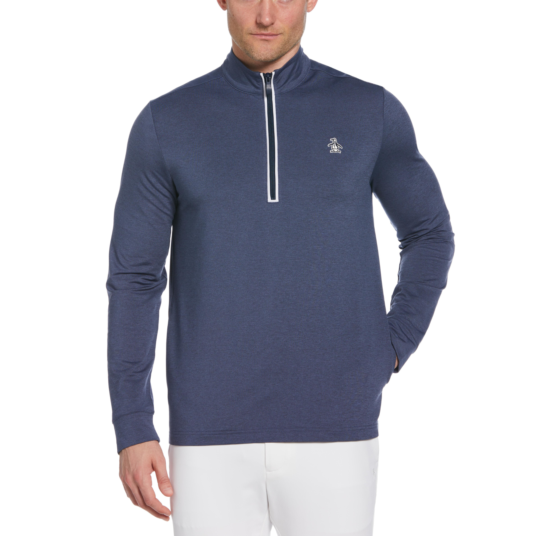 View Earl 14 Zip Long Sleeve Golf Pullover Jumper In Black Iris Bijou Heat information