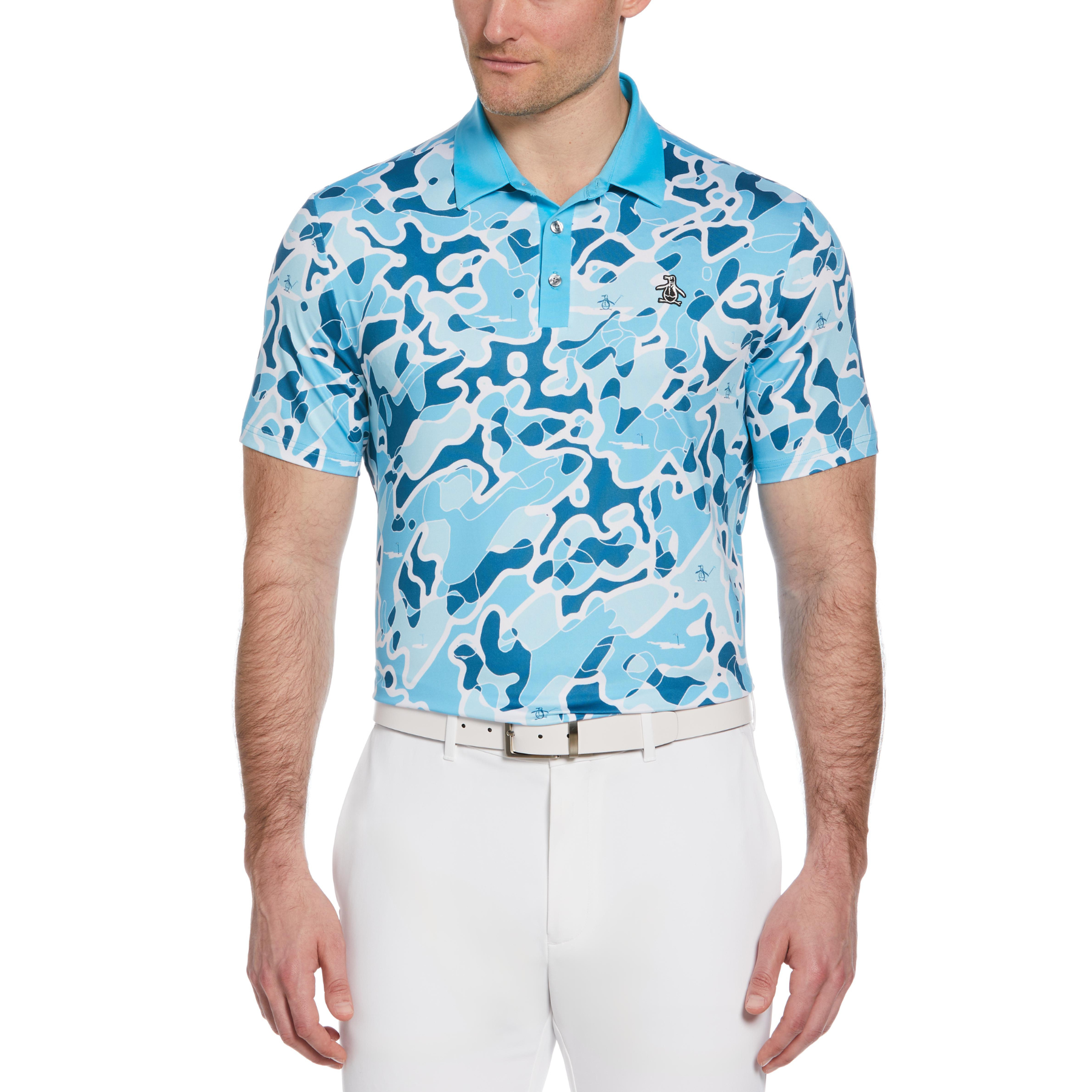 View Bunker Print Short Sleeve Golf Polo Shirt In Blue Atoll information
