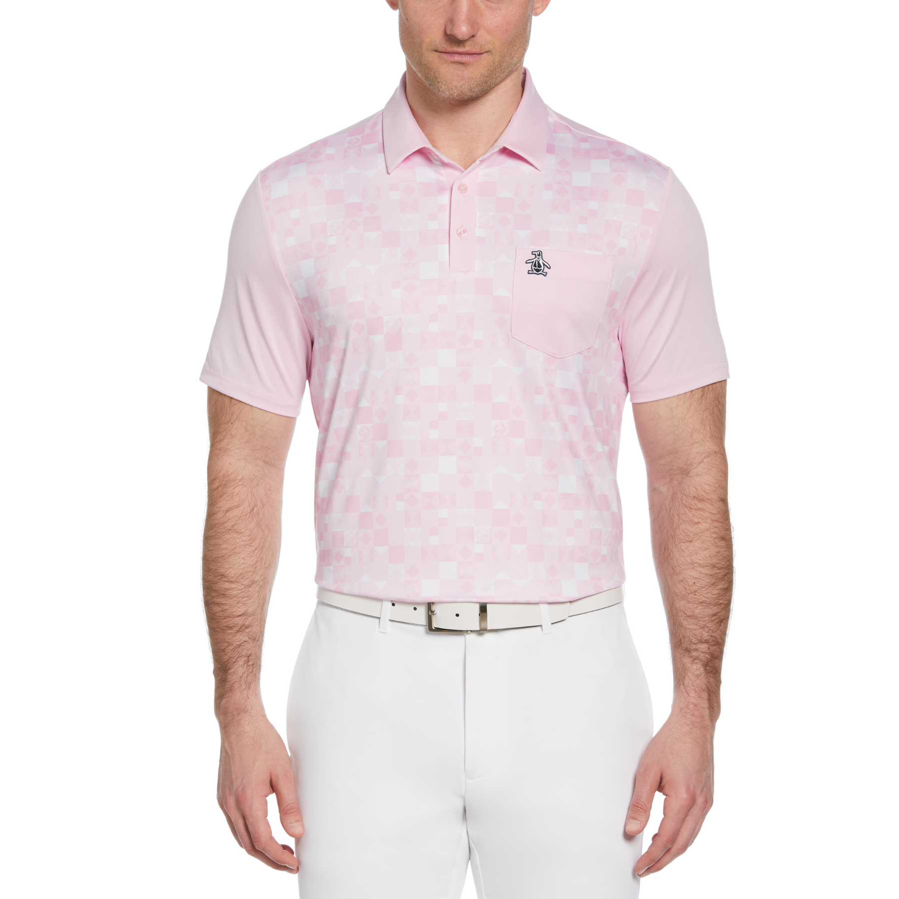 View 50s Colour Block Print Golf Polo Shirt In Gelato Pink information