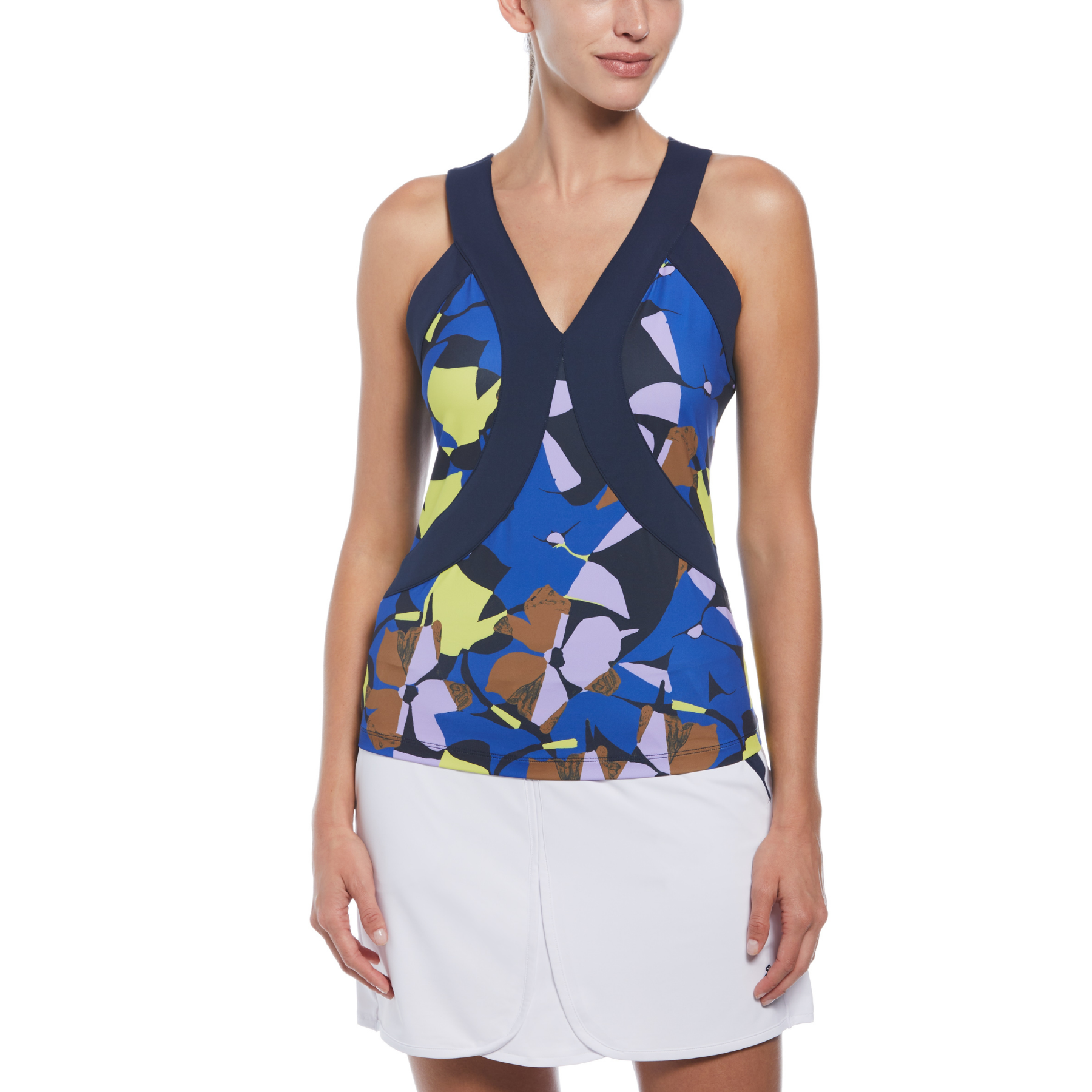 View Womens CrissCross Floral Tennis Tank Top In Black Iris information