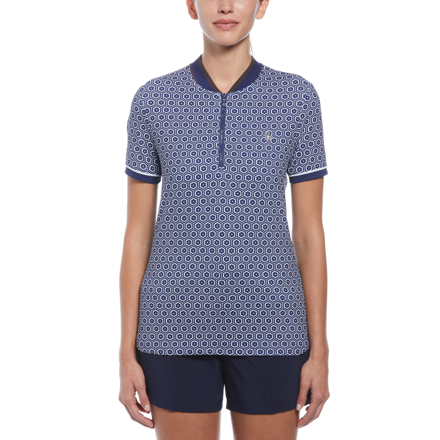 View Original Penguin Womens Geo Blade Collar Golf TShirt In Astral Night Blue Womens information