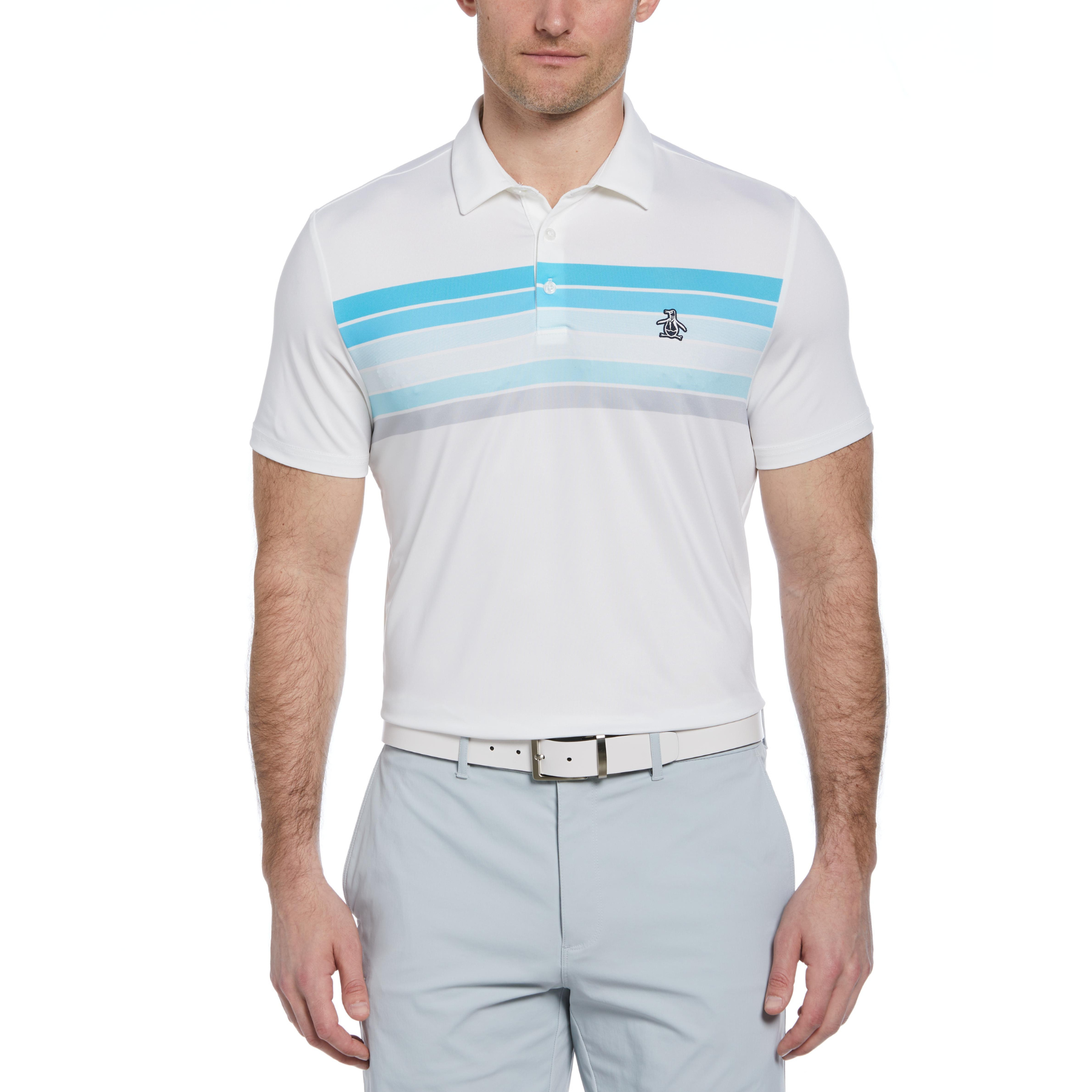 View Engineered 70s Stripe Color Block Golf Polo Shirt In Bright White information