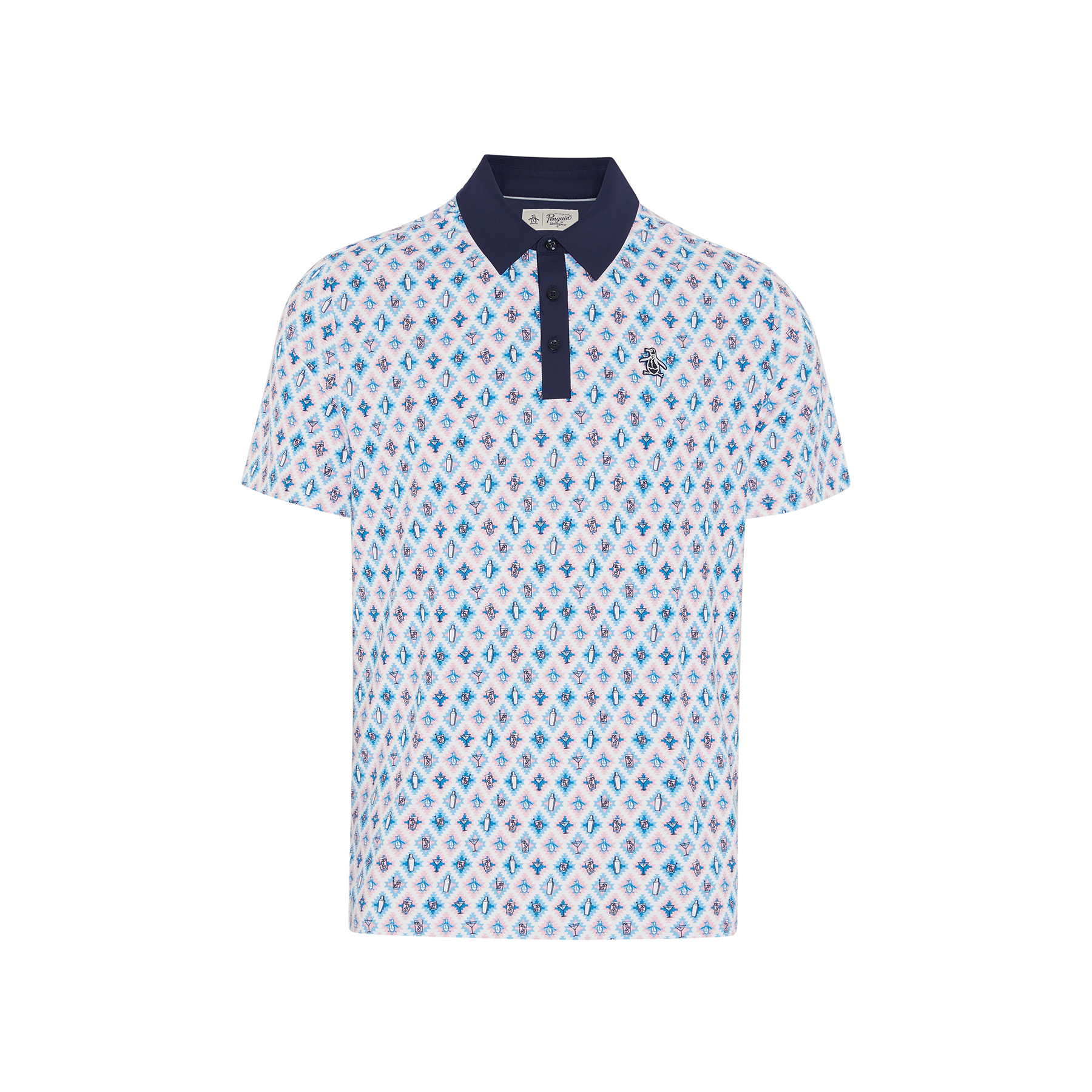 View Original Penguin AllOver Atomic Cocktail Print Short Sleeve Golf Polo Shirt In Black I Blue Mens information