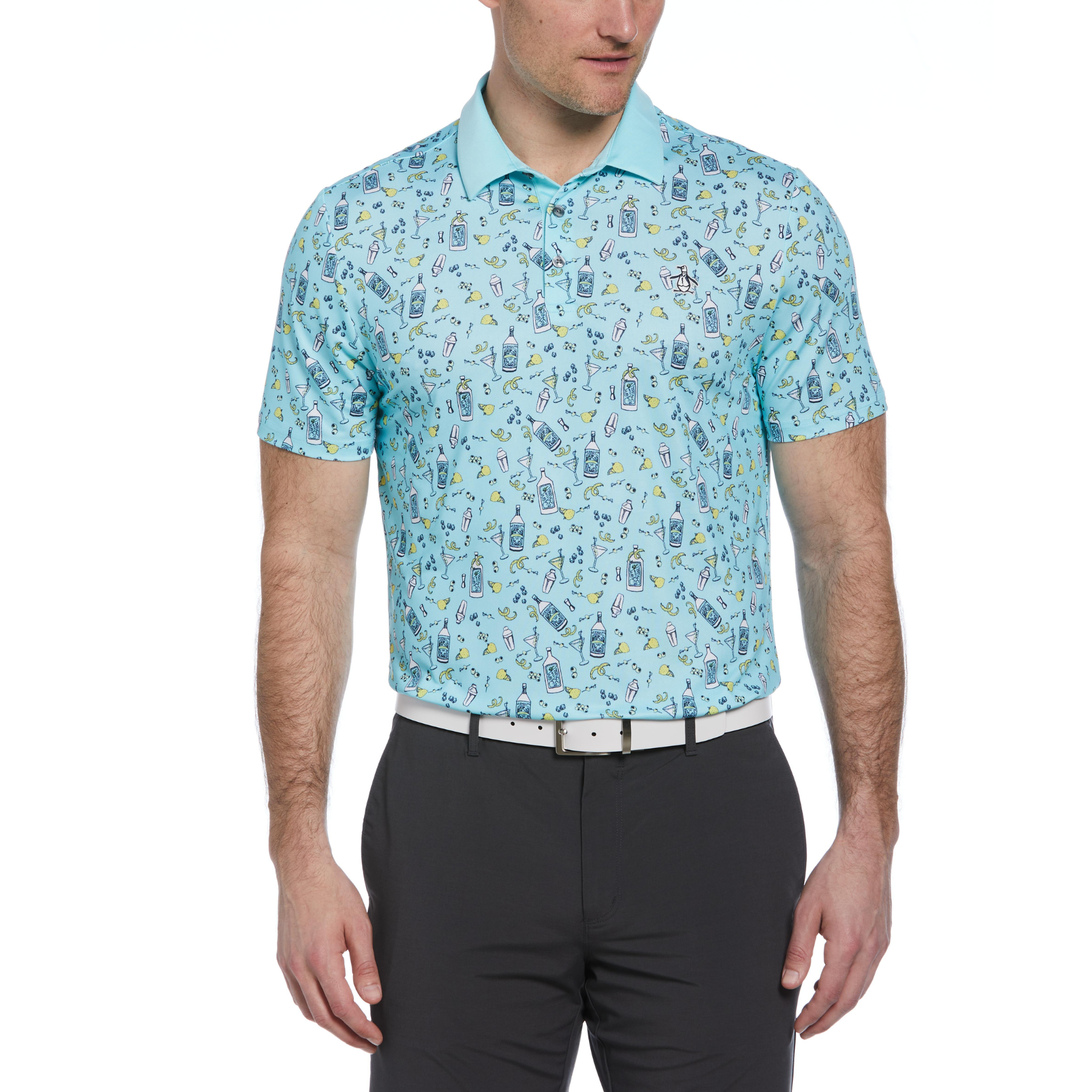 View Novelty Martini Print Golf Polo Shirt In Tanager Turquoise information