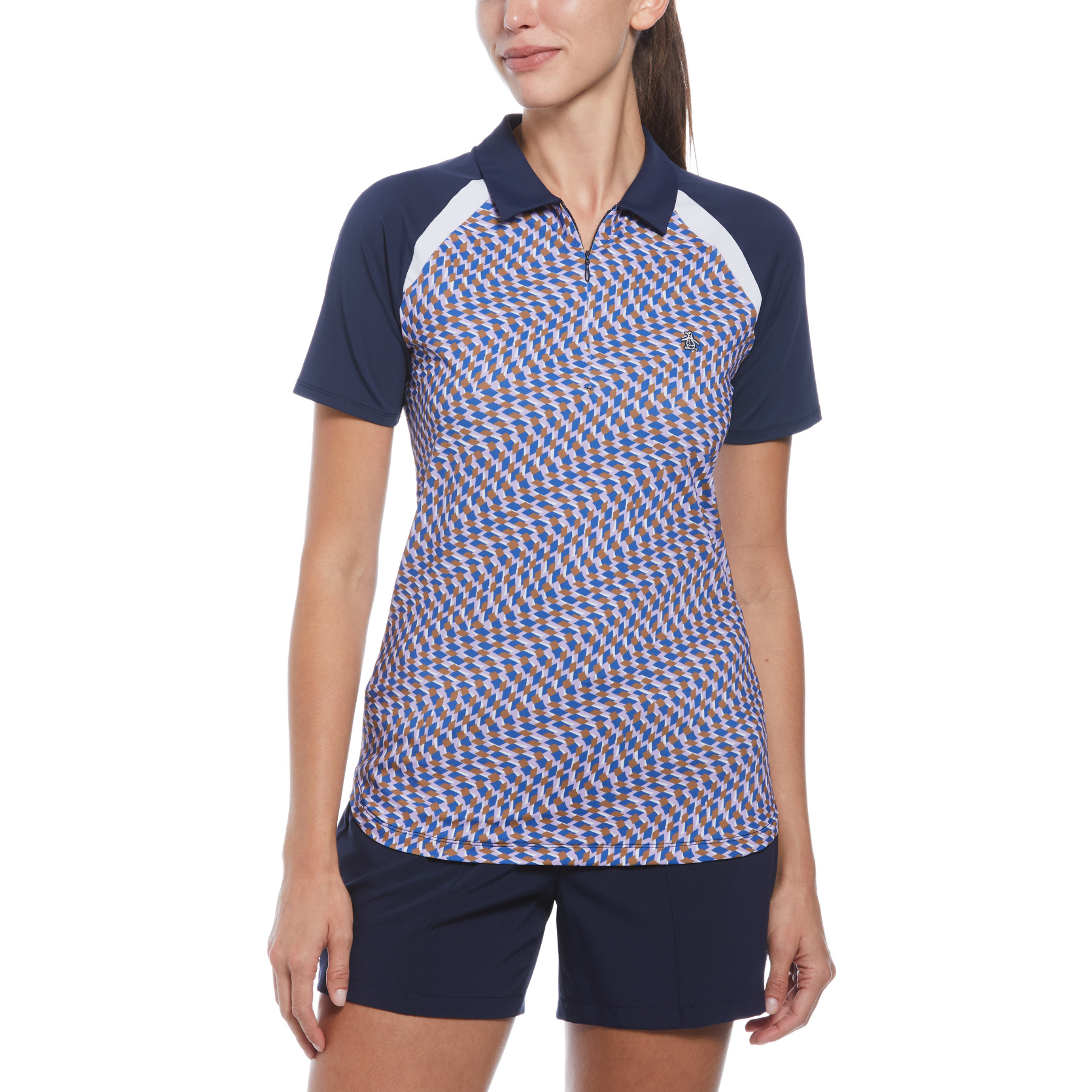 View Womens Color Block Optical Print Golf Polo Shirt In Black Iris information