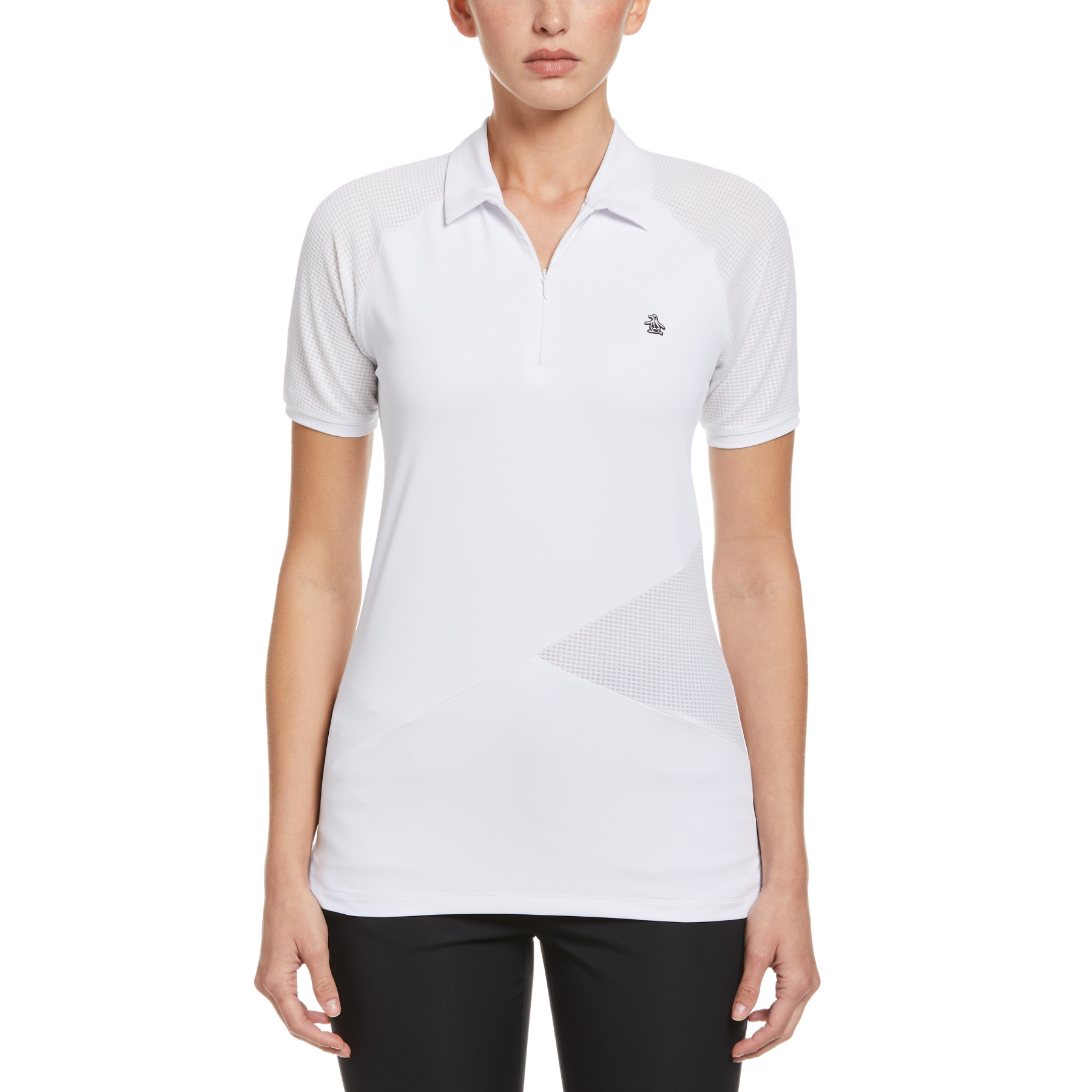 View Womens Zip Front Asymetrical Mesh Golf Polo Shirt In Bright White information