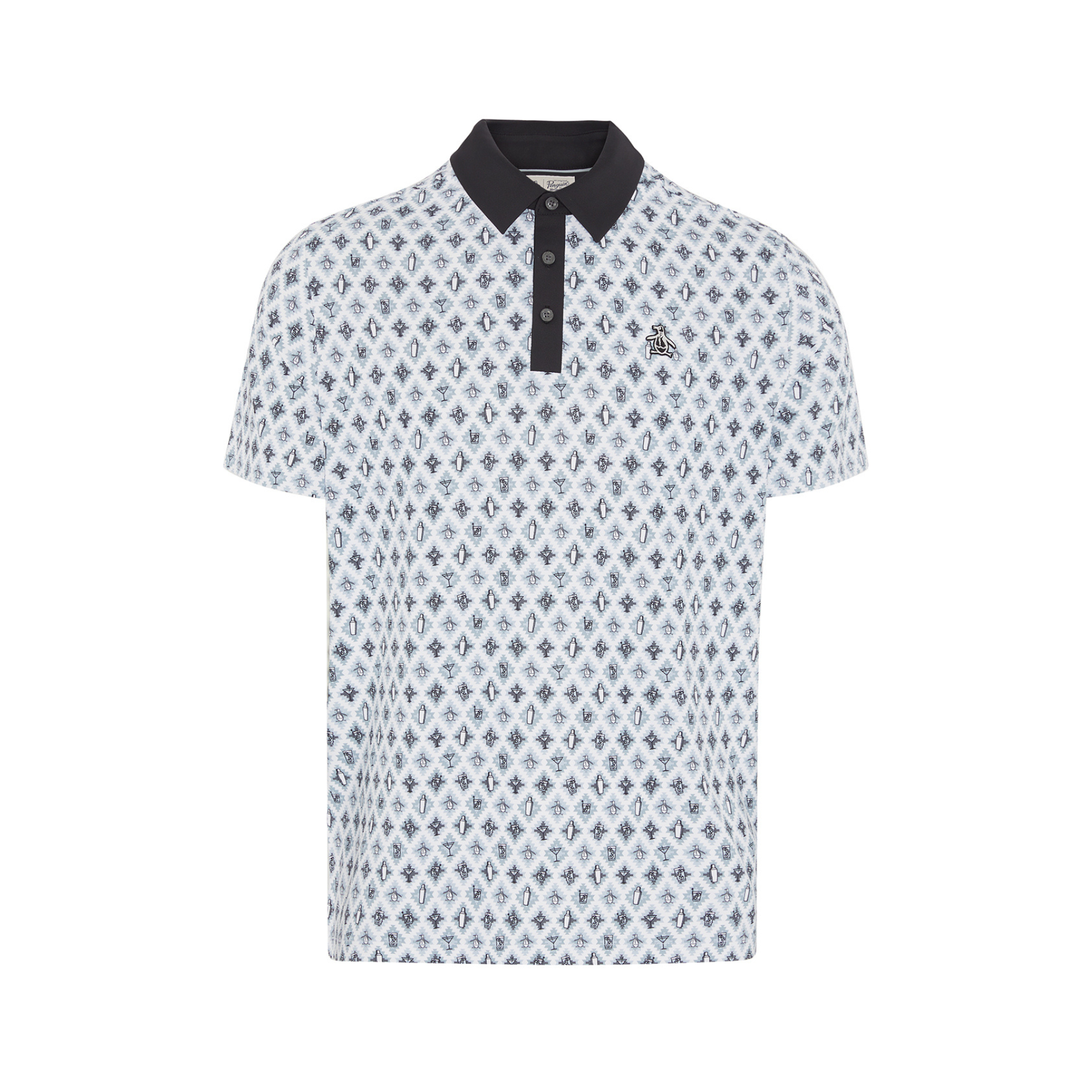 View AllOver Atomic Cocktail Print Short Sleeve Golf Polo Shirt In Caviar information