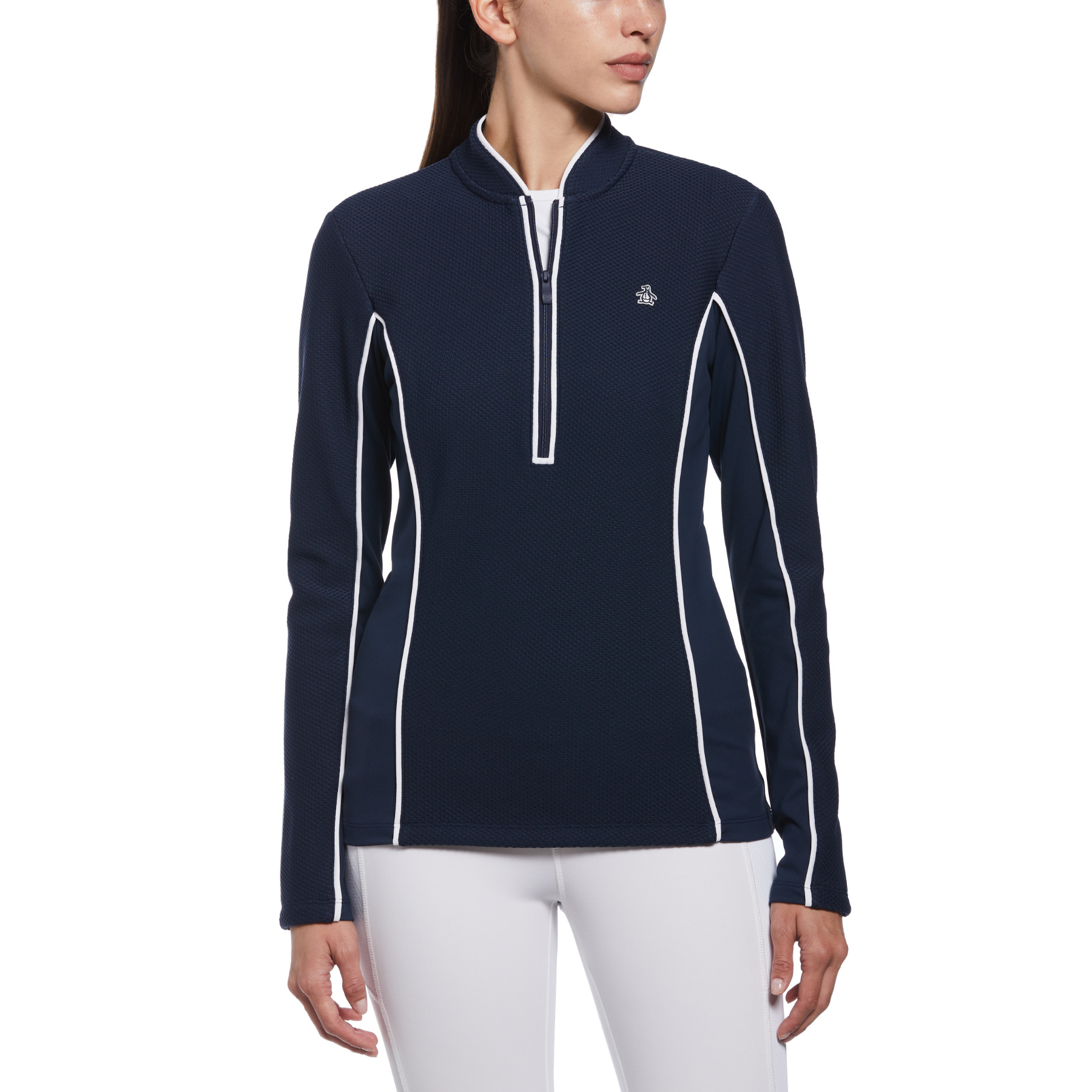 View Womens Contrast Piping Quarter Zip Golf Sweatshirt In Black Iris information