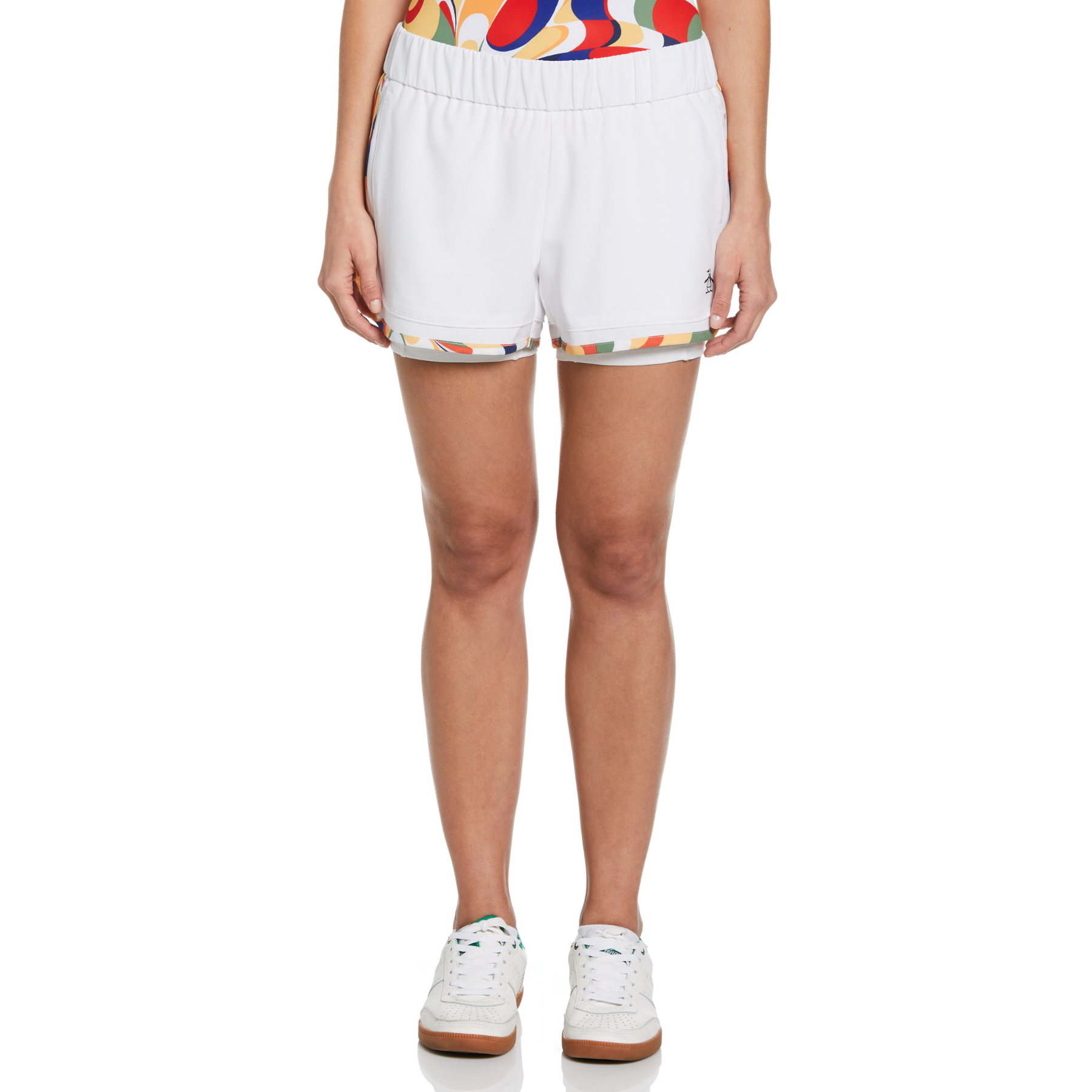 View Original Penguin Womens Abstract Print Essential Solid Tennis Short In Bright White White Womens information