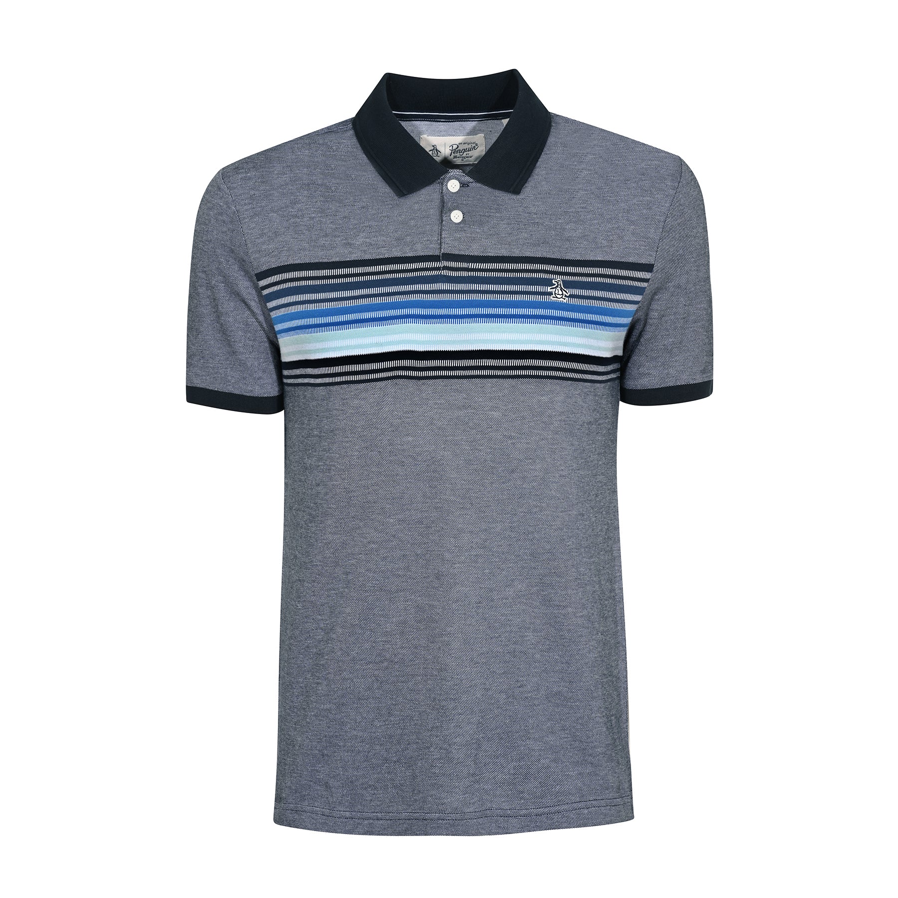 View Original Penguin Cotton Birdseye Pique Chest Striped Polo Shirt In Star Sapphire MultiColoured Mens information