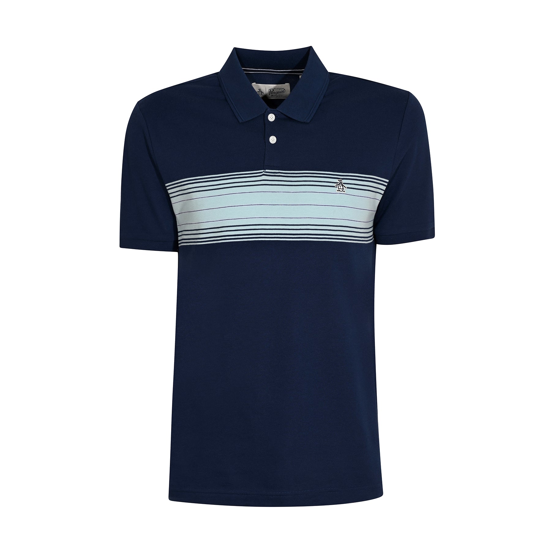 View Original Penguin Cotton Pique Chest Striped Polo Shirt In Medieval Blue Blue Mens information