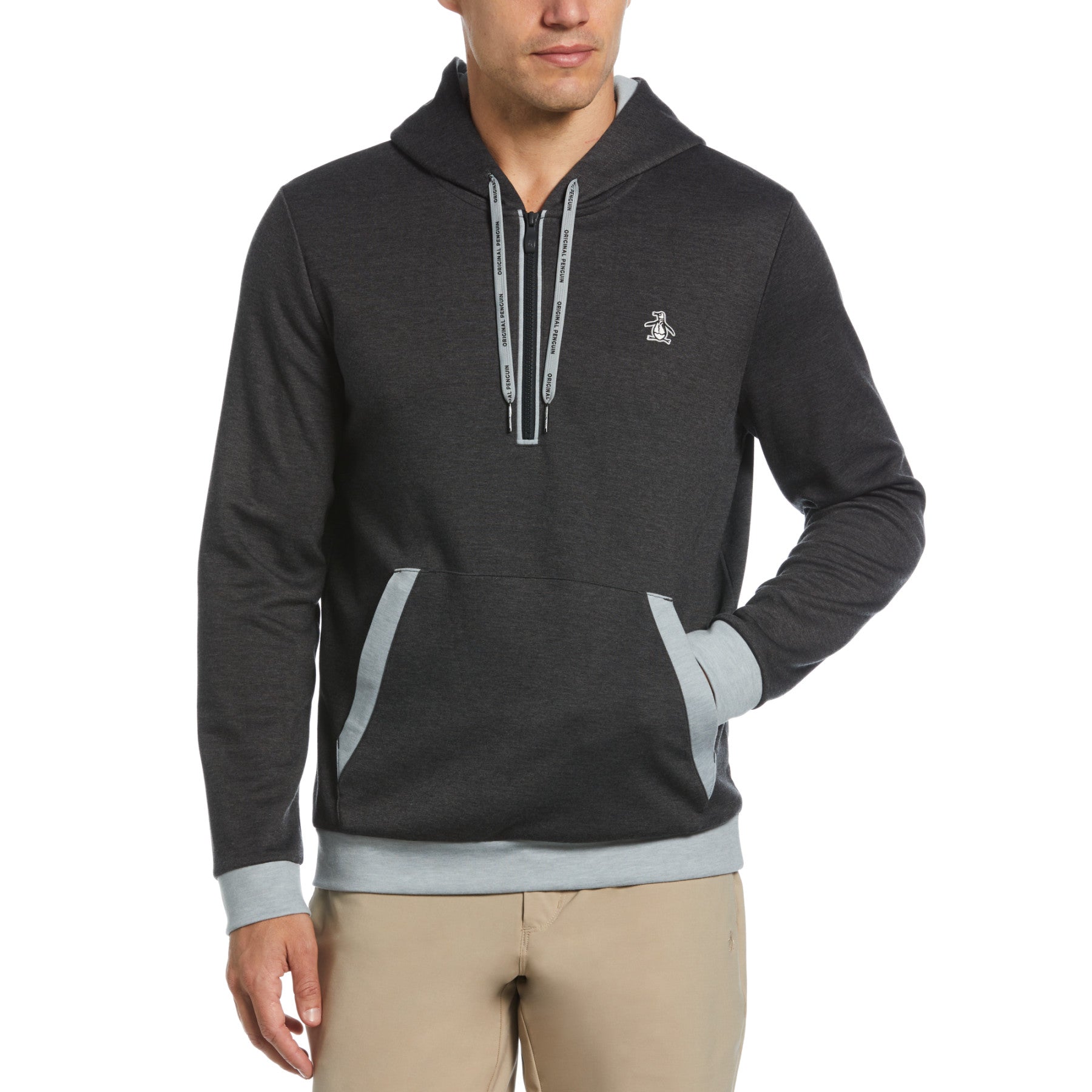 View Original Penguin Earl Color Block Layering Golf Hoodie In Dark Caviar Heather Black Mens information