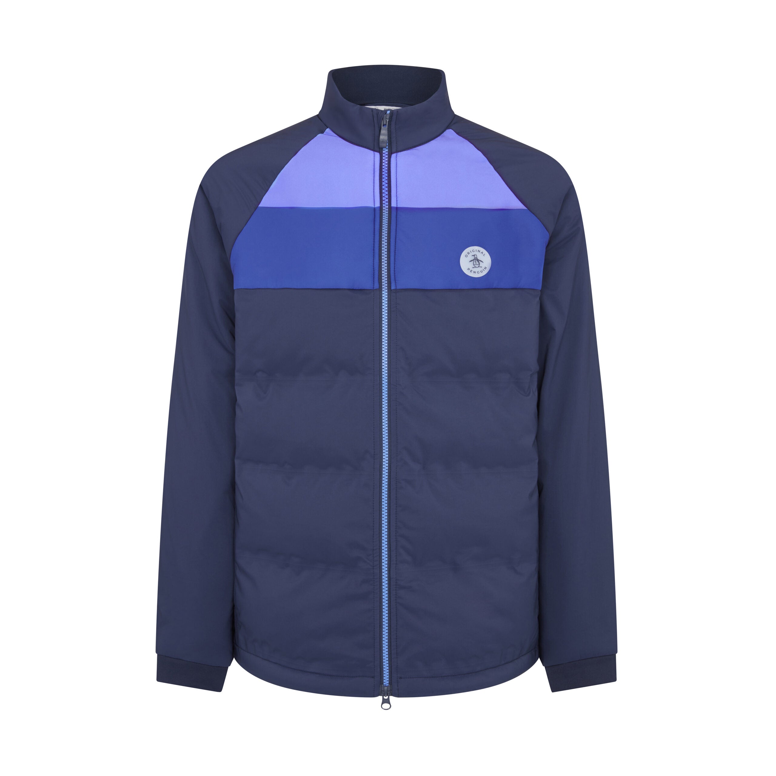 View Original Penguin Mixed Media Colour Blocked Insulated Full Zip Golf Jacket In Black Iri Blue Mens information