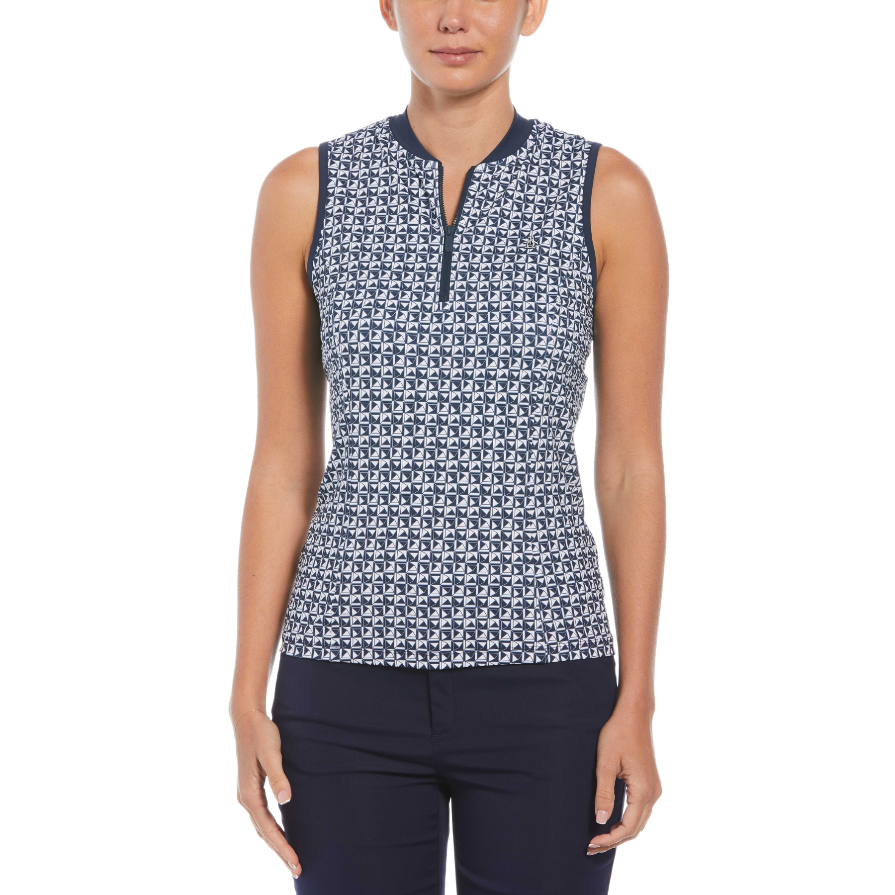 View Womens Geometric Print Sleeveless Golf Polo With Mesh Back In Black I information
