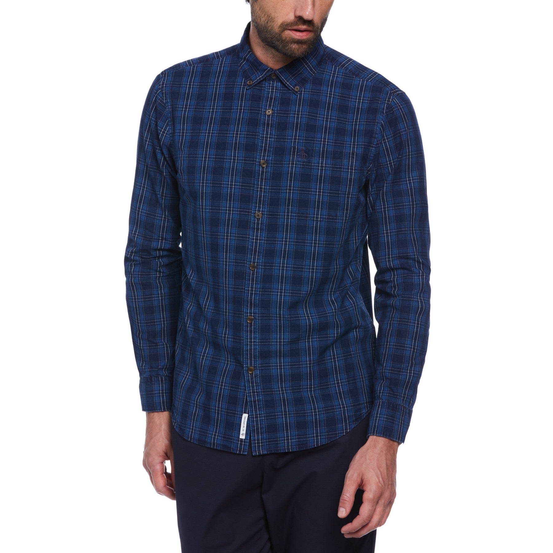 Cotton Indigo Plaid Print Long Sleeve Button-Down Shirt In Dark Sapphire