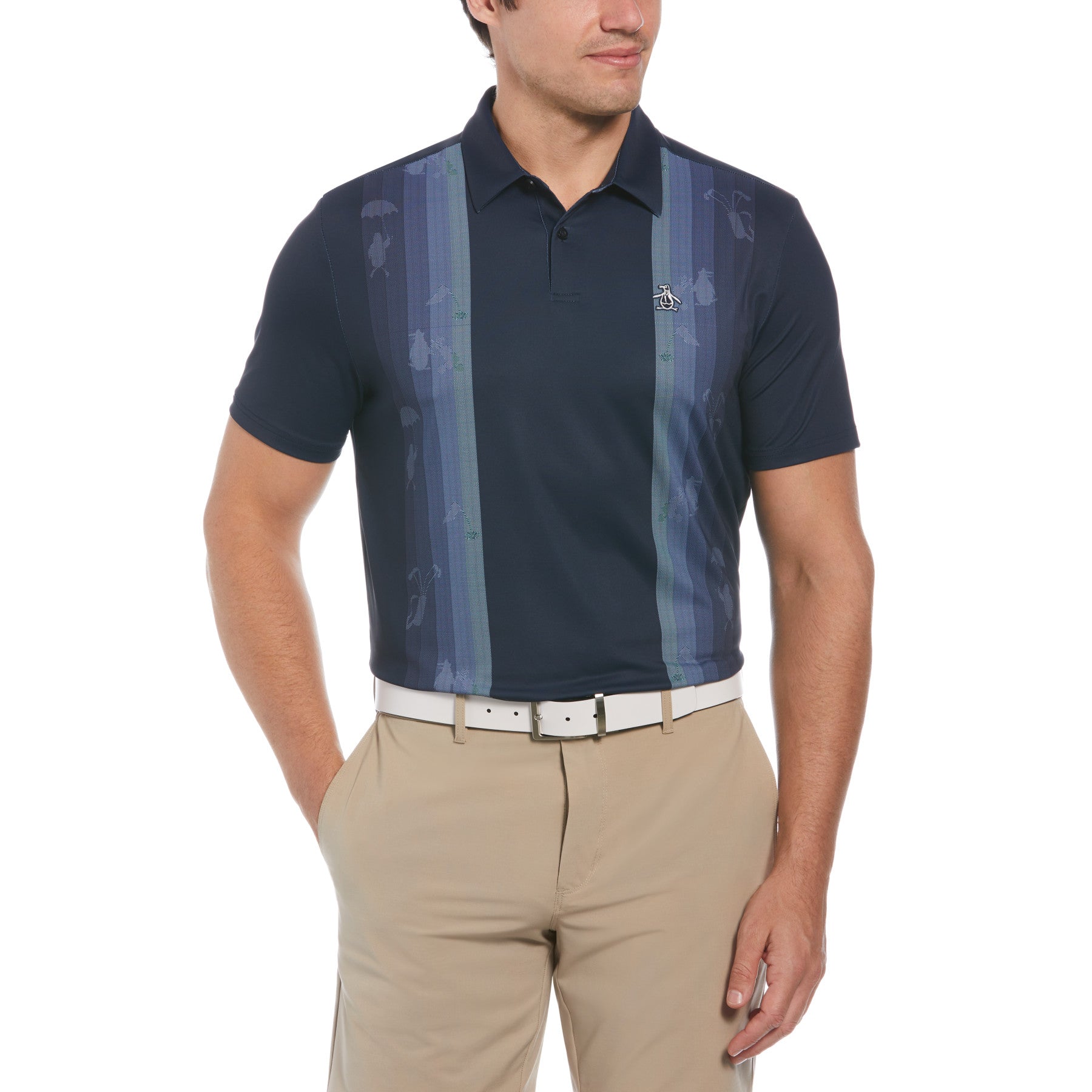 View Pete Vertical Color Block Print Short Sleeve Golf Polo Shirt In Black information